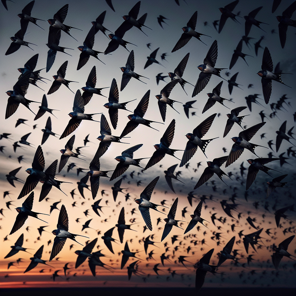 Un groupe d'hirondelles en pleine migration