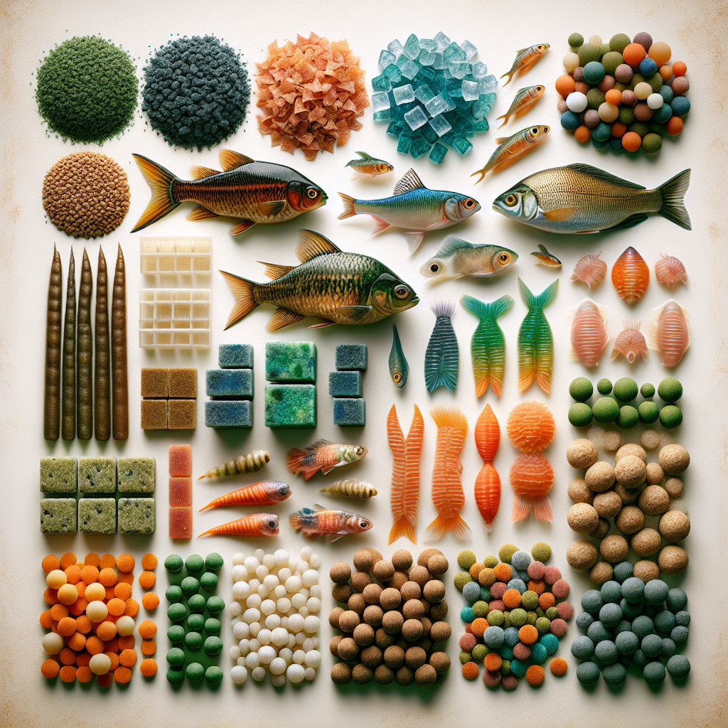 Différents types d'aliments pour poissons d'eau douce comprenant des flocons, des granulés, des aliments congelés, des légumes frais et des aliments vivants.