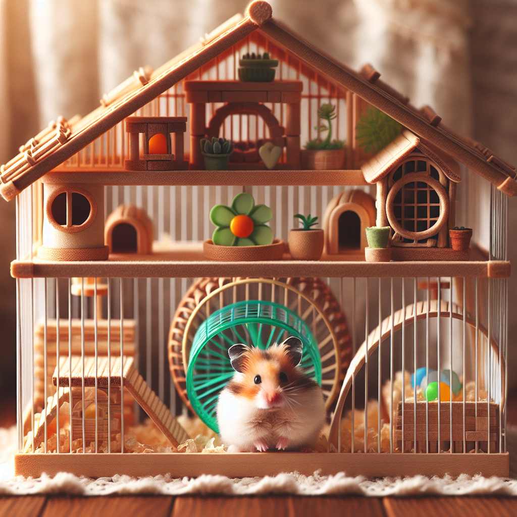 Un hamster syrien mignon dans une cage bien équipée avec une roue, des tunnels et des cachettes.