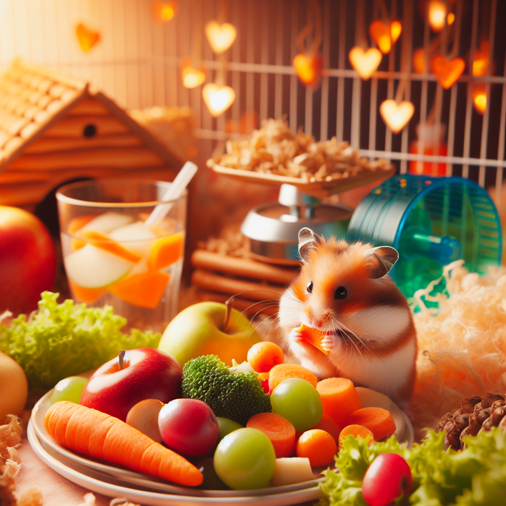 Un hamster mignon grignotant des fruits et légumes frais dans une cage confortable.