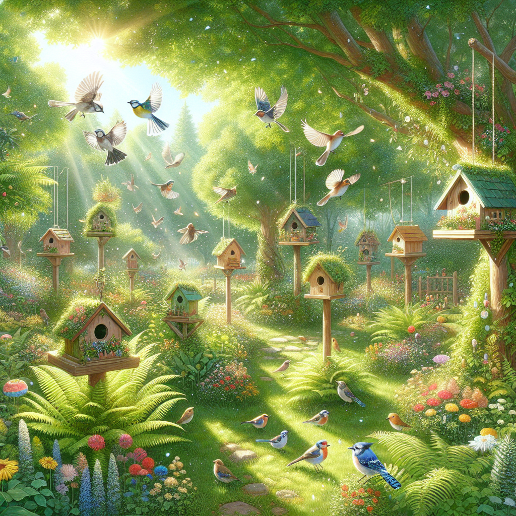 Un jardin verdoyant avec plusieurs nichoirs et des oiseaux volant autour.