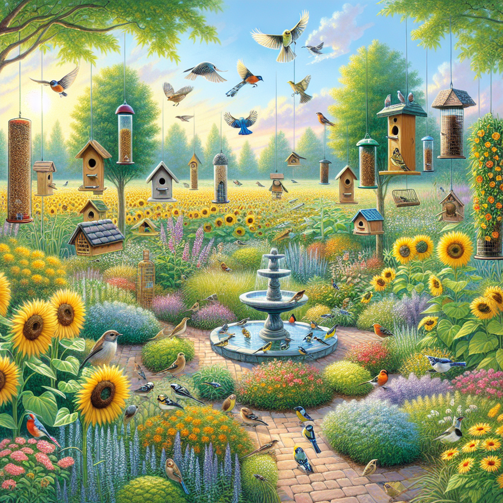 Un jardin vibrant rempli de plantes indigènes, divers types de mangeoires pour oiseaux, des nichoirs et une fontaine avec une variété d'oiseaux se nourrissant et se baignant.