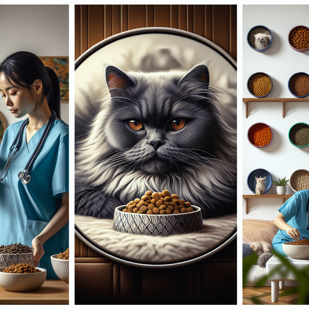 Un environnement serein avec un chat détendu et une gamelle en céramique, un changement de marques alimentaires et de bols, et une consultation chez un vétérinaire avec un chat calme.