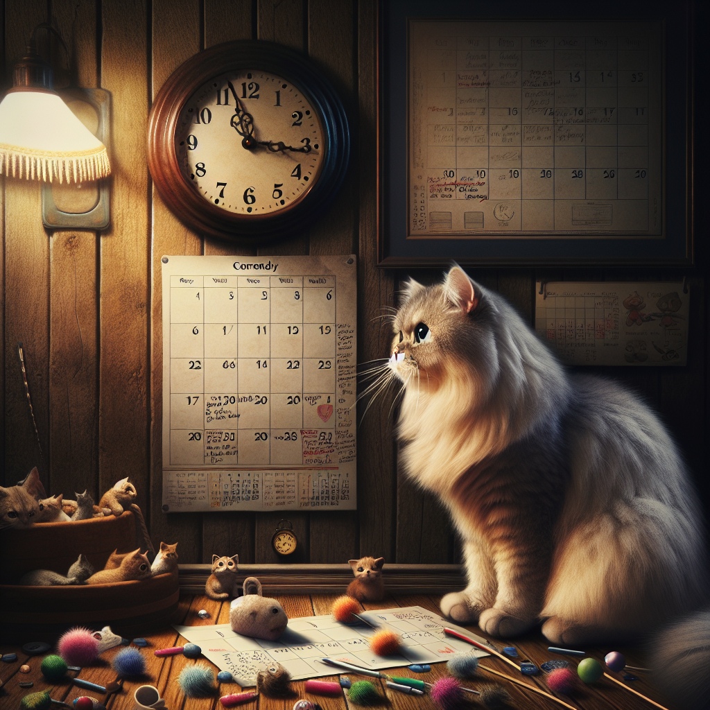 Un chat regardant une horloge dans un environnement domestique chaleureux, avec un calendrier et des jouets pour chat à proximité.