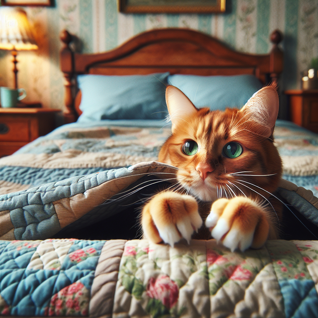 Un chat attaquant des pieds sous une couette dans une chambre confortable