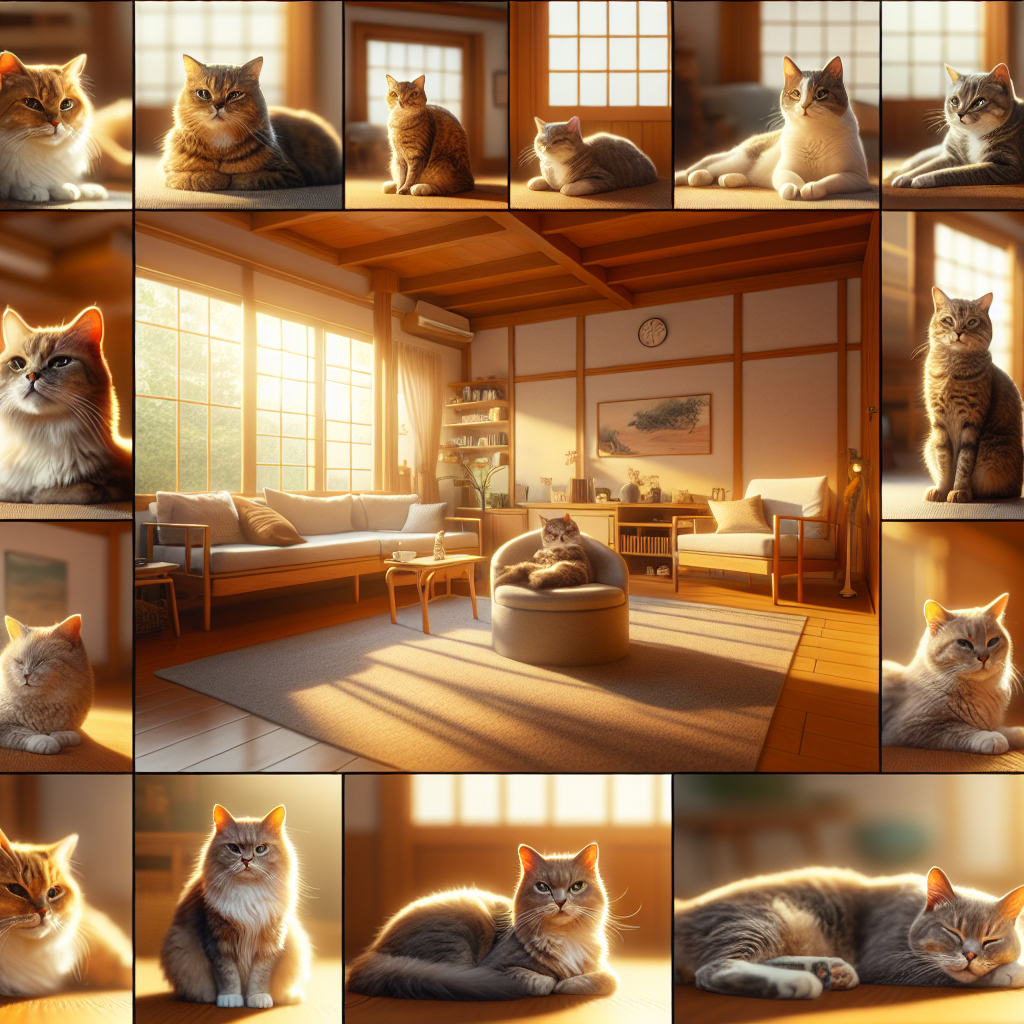 Des chats dans un environnement intérieur paisible, certains au repos, d'autres ayant l'air contemplatif ou malade.