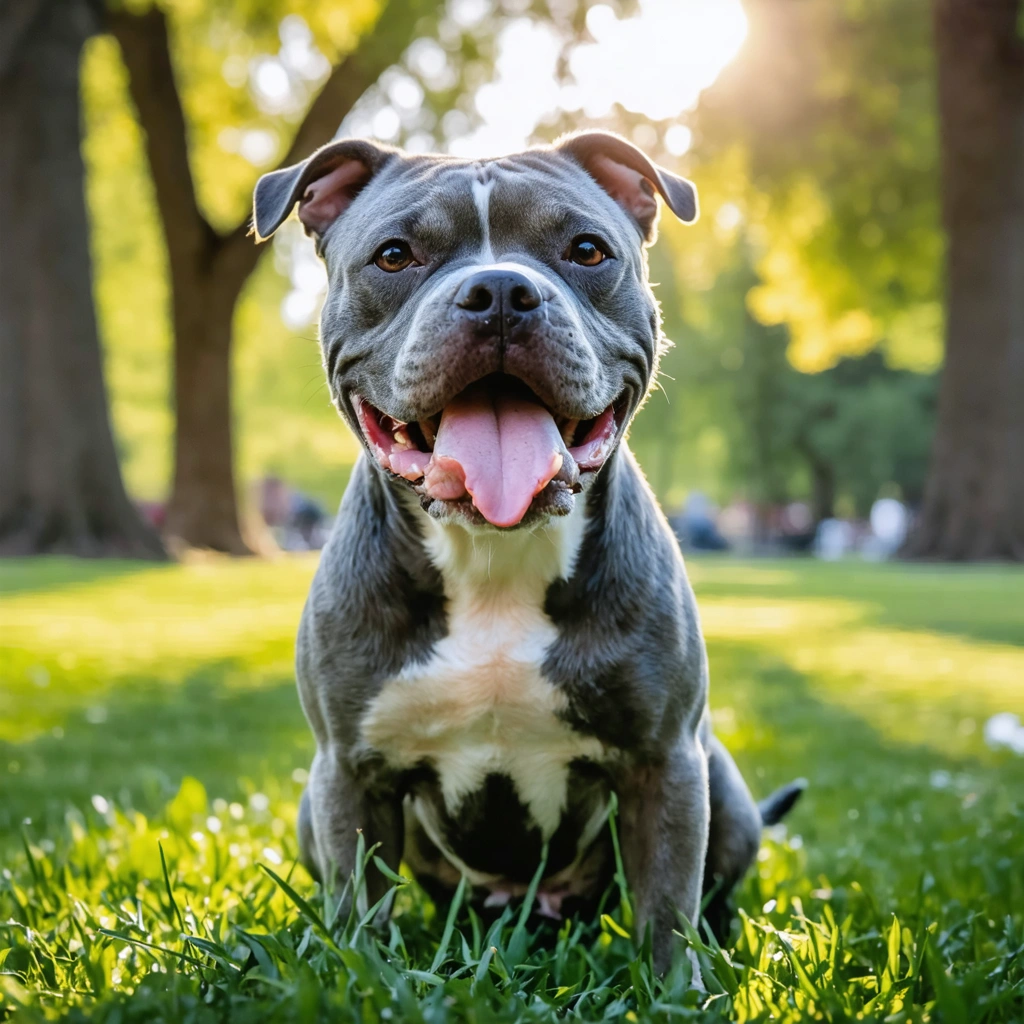 Un chien croisé American Bully et Staffordshire Terrier assis dans un parc, au pelage court et musclé, avec une expression amicale.