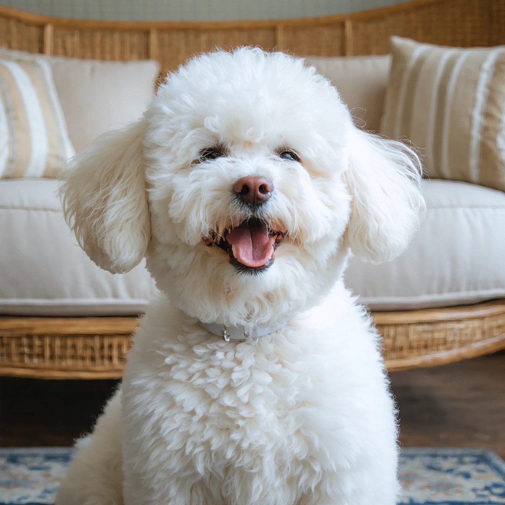 Un bichon frisé avec un pelage blanc bouclé, parfaitement coiffé, dans un intérieur élégant et chaleureux, avec une attitude joyeuse et enjouée.