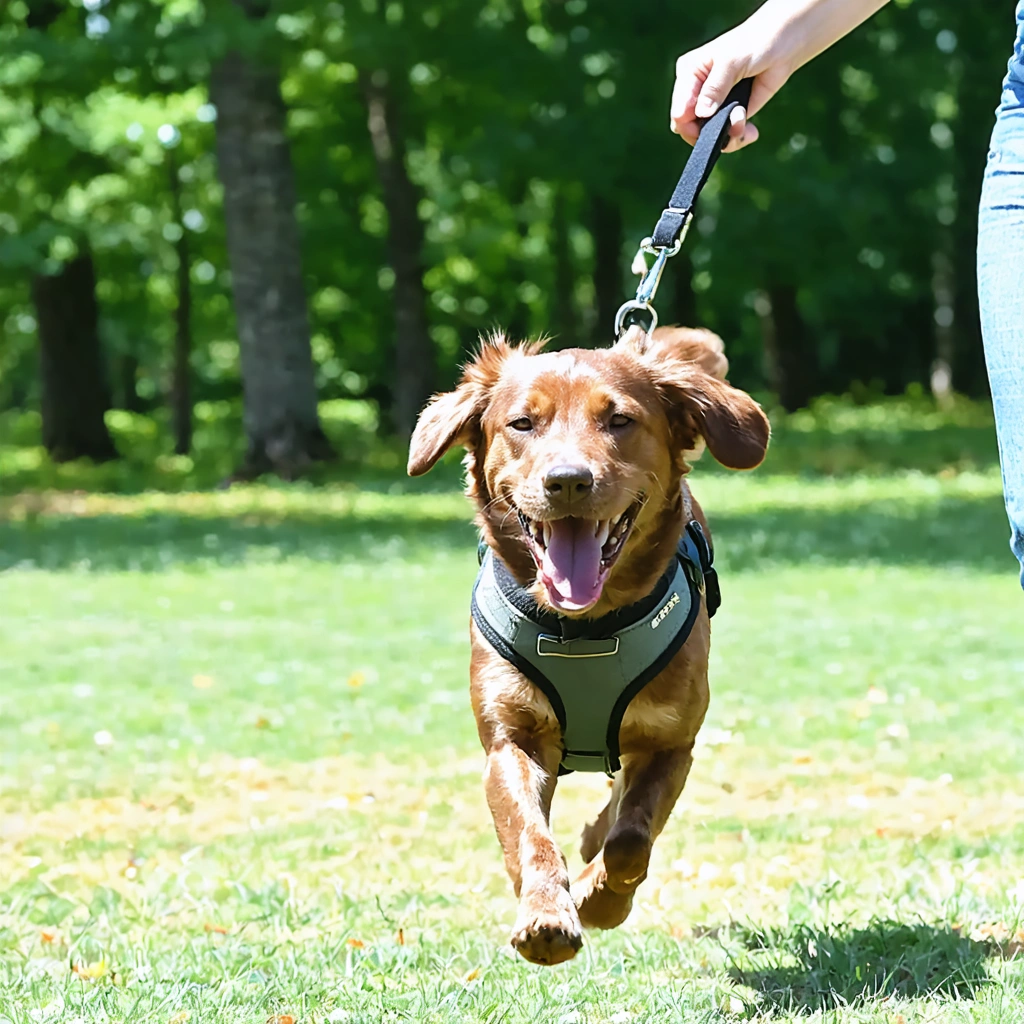 Un chien de taille moyenne portant un licol, marchant calmement en laisse dans un parc verdoyant, accompagné d'une main guidant délicatement la laisse.