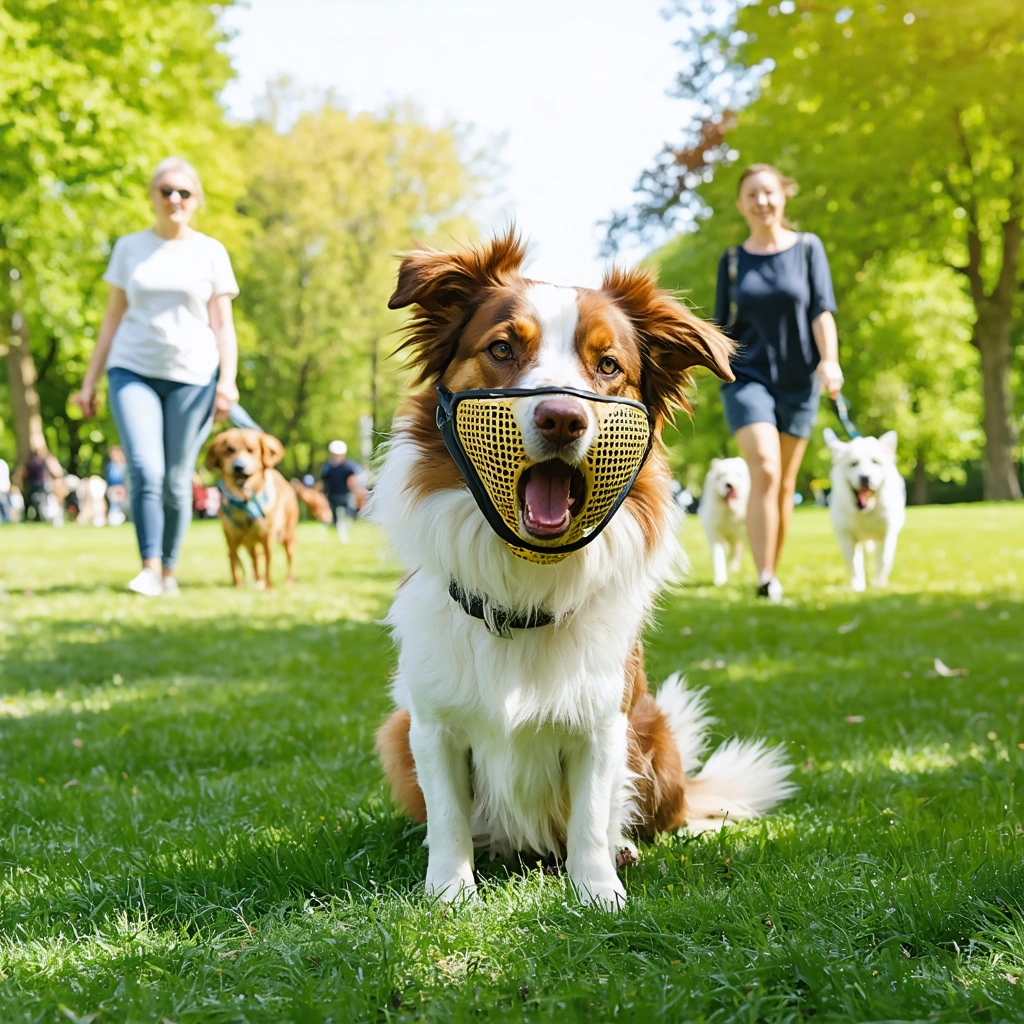 Un chien portant une muselière panier confortablement dans un parc ensoleillé