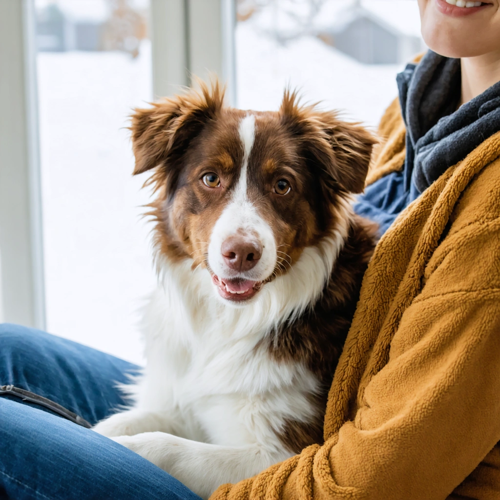 Un chien de race croisée au physique athlétique assis affectueusement sur les genoux d'une personne, dans une ambiance chaleureuse et conviviale.