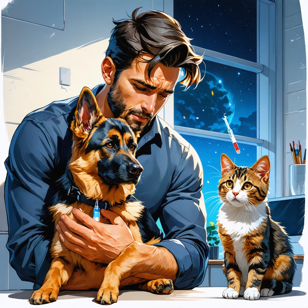 Un homme inquiet tenant un berger allemand, avec un chat calme à proximité ayant une pipette antiparasitaire visible sur son dos, dans un intérieur nocturne.