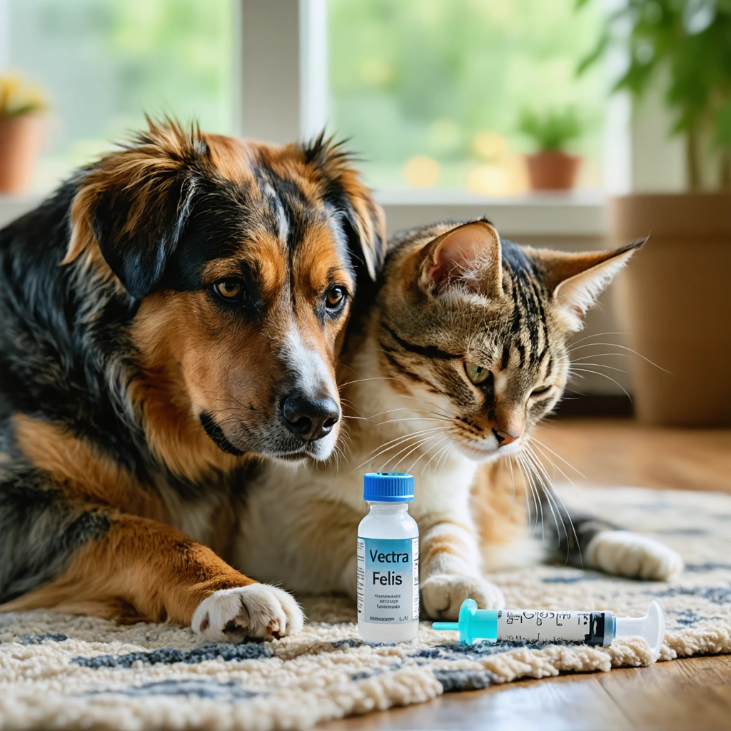 Chien et chat dans une maison avec un produit Vectra Felis visible sur la table.