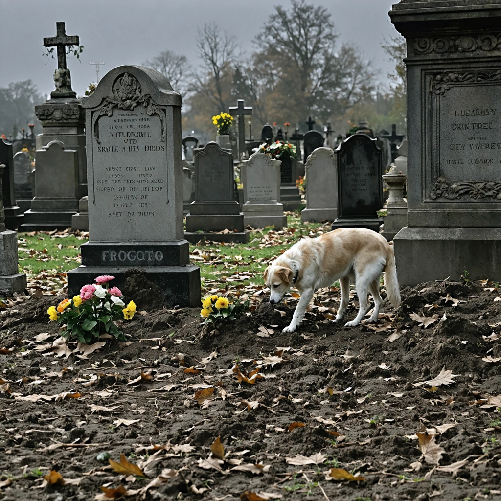 Un cimetière paisible avec de la terre fraîchement retournée, des feuilles tombées au sol, des fleurs fanées, et un chien curieux reniflant les environs, dans une ambiance légèrement mystérieuse.