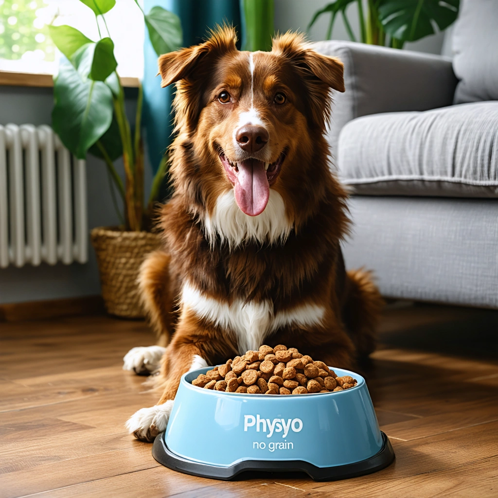 Un chien heureux à côté d'une gamelle de croquettes Physyo sans céréales dans un décor chaleureux.