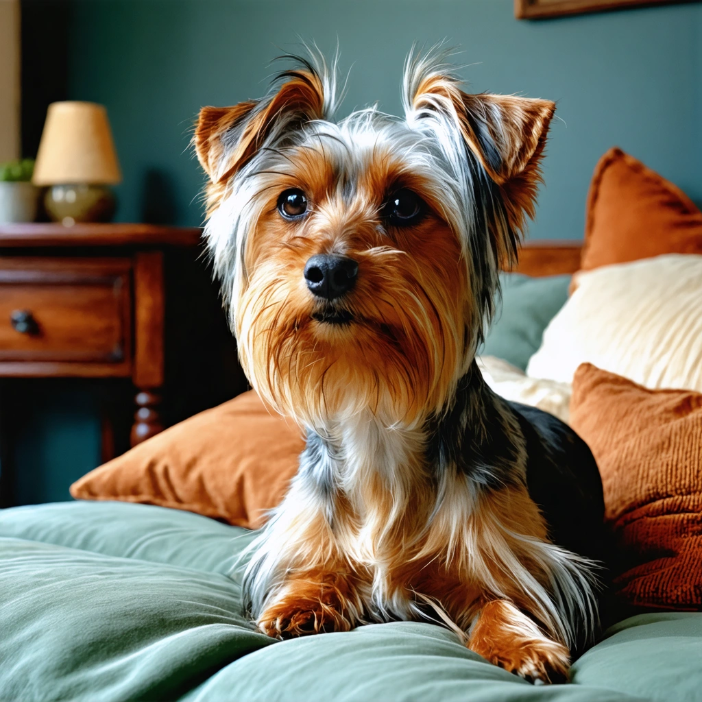 Un chien âgé, possiblement un Yorkshire ou un Teckel, avec des signes subtils de la maladie de Cushing comme une bedaine arrondie et des zones de poils clairsemés, reposant dans un environnement chaleureux et familial.