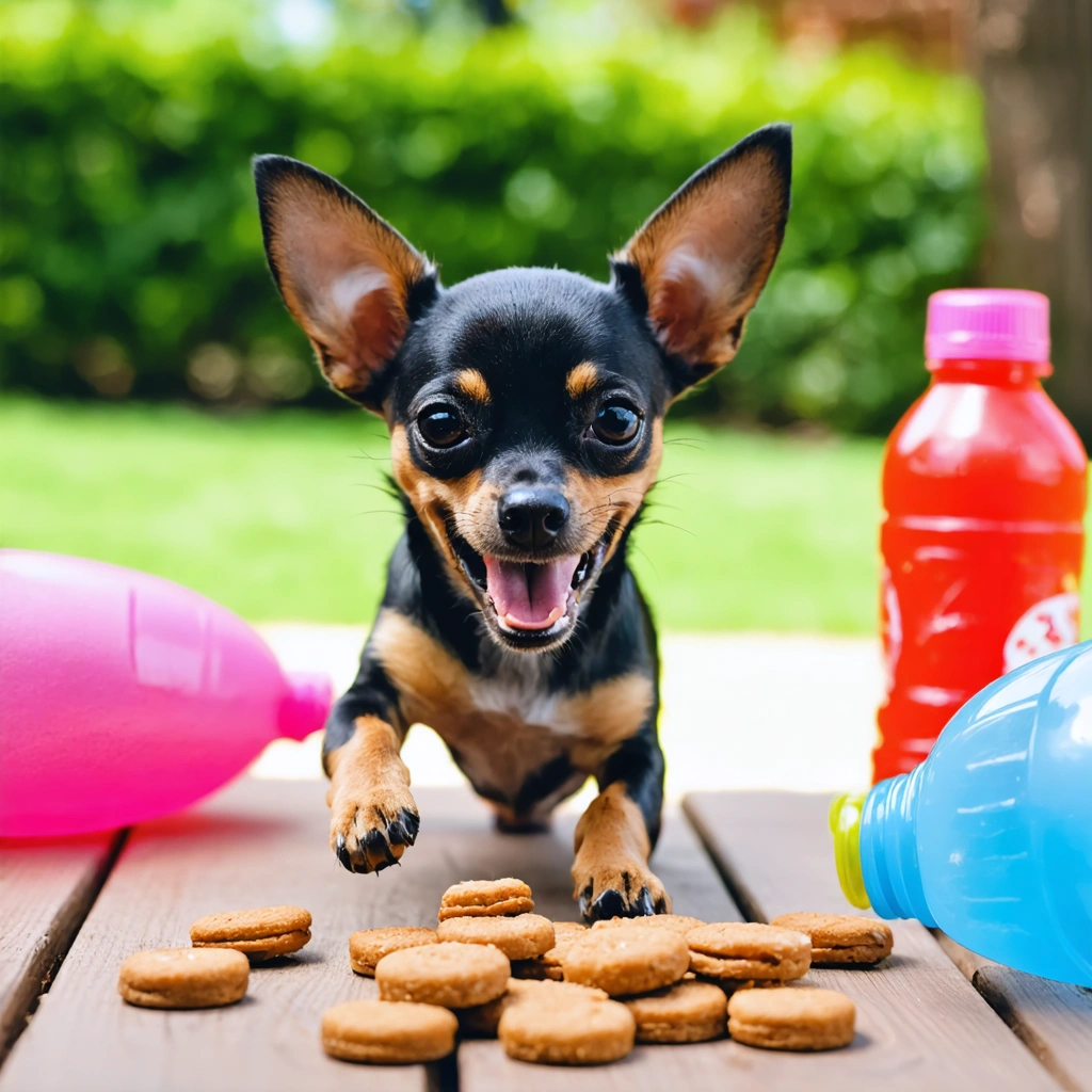 Un petit chien Chipin, mélange de Chihuahua et Pinscher Miniature, en plein dressage joyeux avec des friandises et de l'enthousiasme, dans un cadre extérieur ludique.