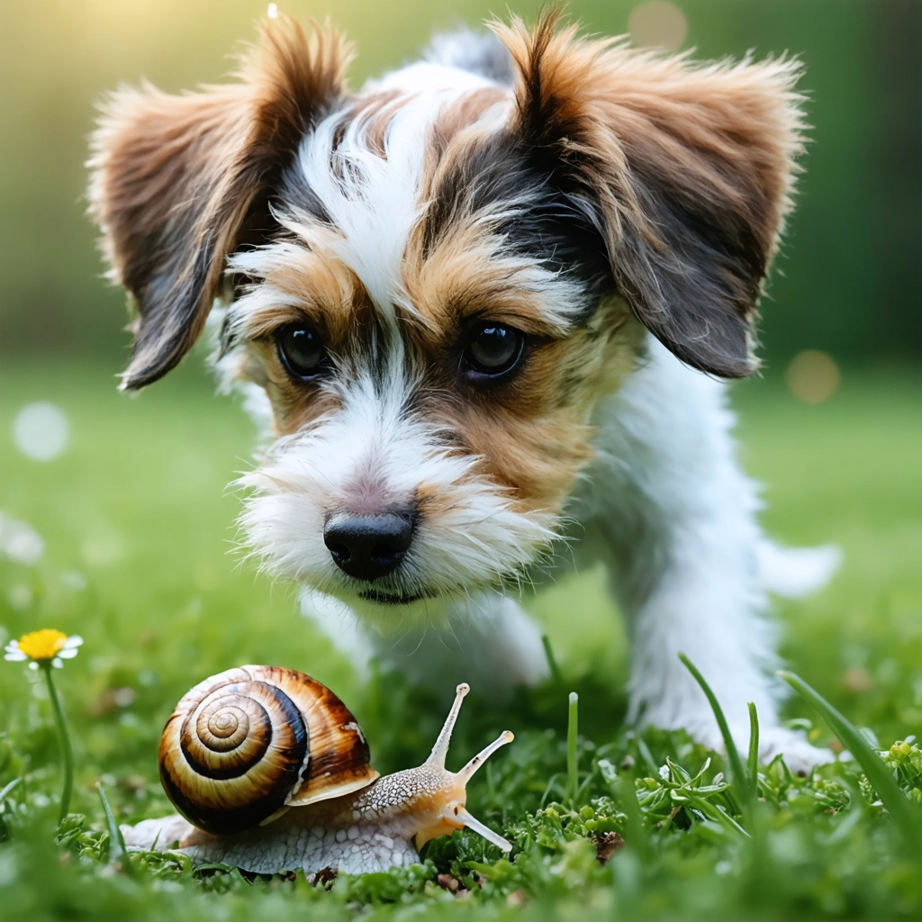 Un chien curieux observant un escargot sur l'herbe, exprimant amusement et intérêt, dans un décor naturel et apaisant.