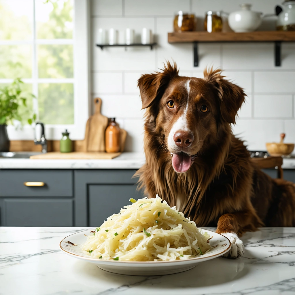 Un chien calme assis à côté d'une petite assiette de choucroute sur une table, dans une cuisine chaleureuse et accueillante.