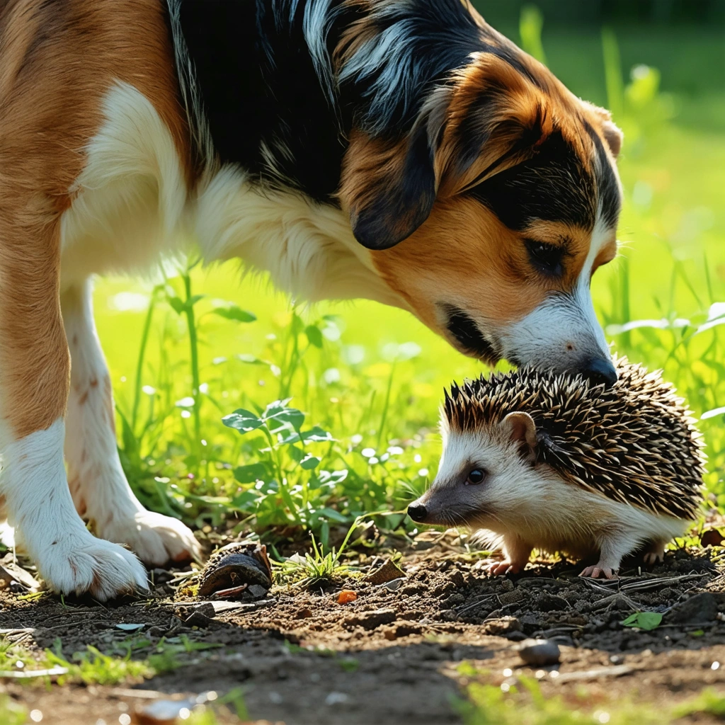 Un chien curieux reniflant un hérisson recroquevillé en boule dans un jardin, avec des couleurs vibrantes et une lumière douce de fin d'après-midi.