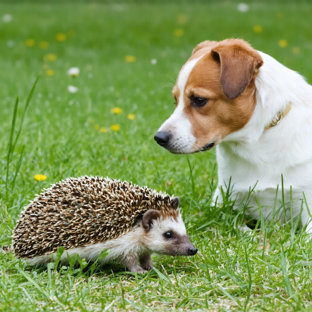 Un chien curieux observe un hérisson dans un environnement herbeux, avec une ambiance paisible et naturelle.