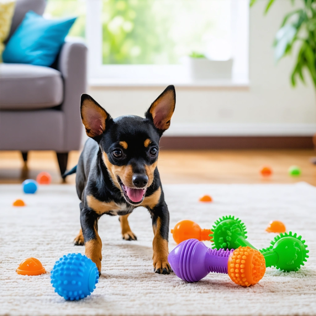 Un petit chien croisé Pinscher et Chihuahua s'amusant avec des jouets interactifs dans un salon lumineux avec un tapis et des jouets éparpillés.
