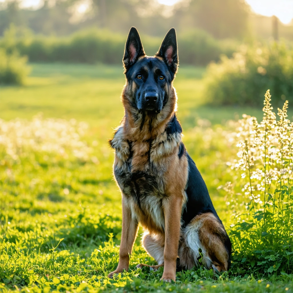 un chien croisé malinois et berger allemand assis dans un champ ensoleillé