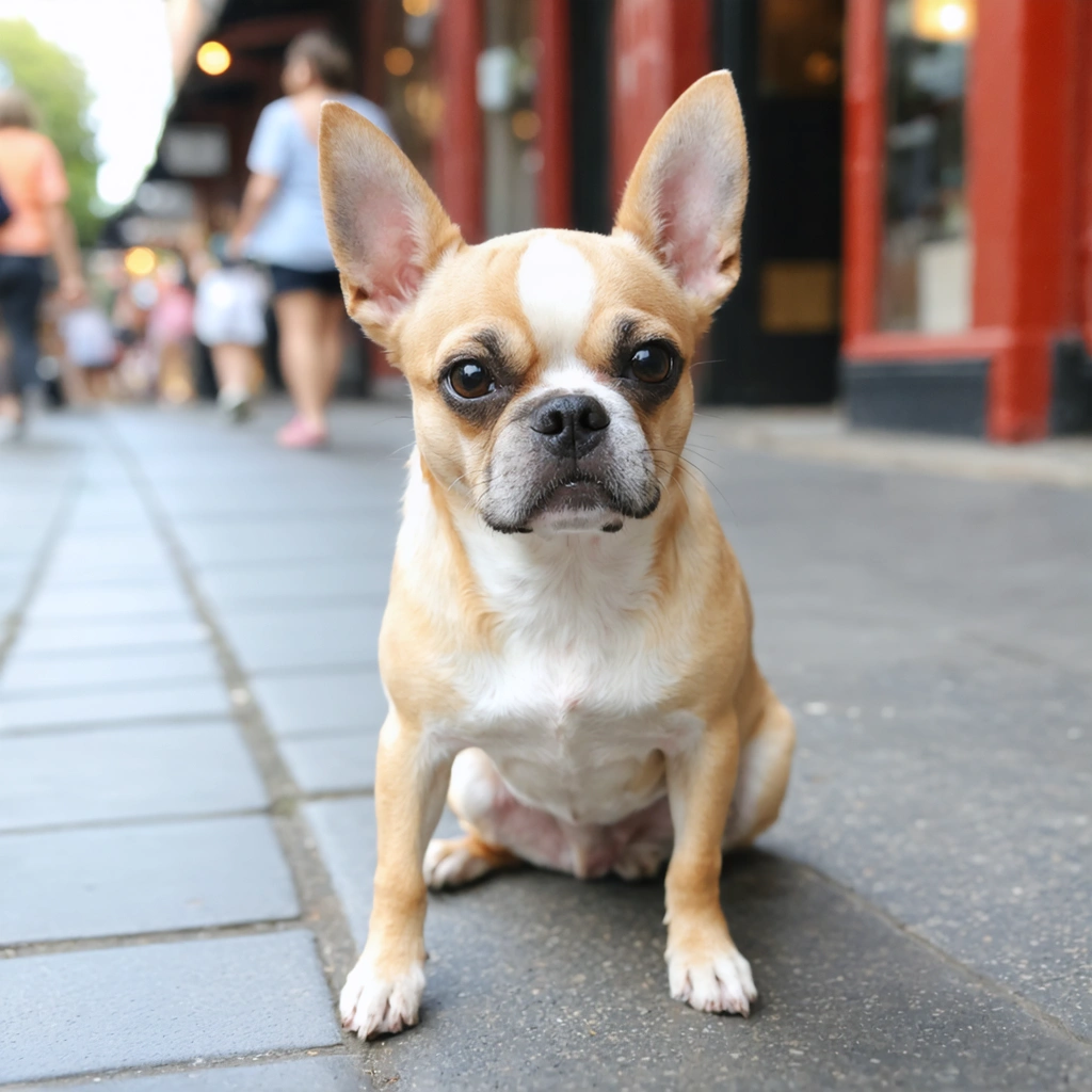 Un chien croisé Chihuahua et Bouledogue avec un petit corps compact, une grosse tête légèrement allongée, de grandes oreilles droites et des plis au niveau du visage, se promenant dans une rue ensoleillée.