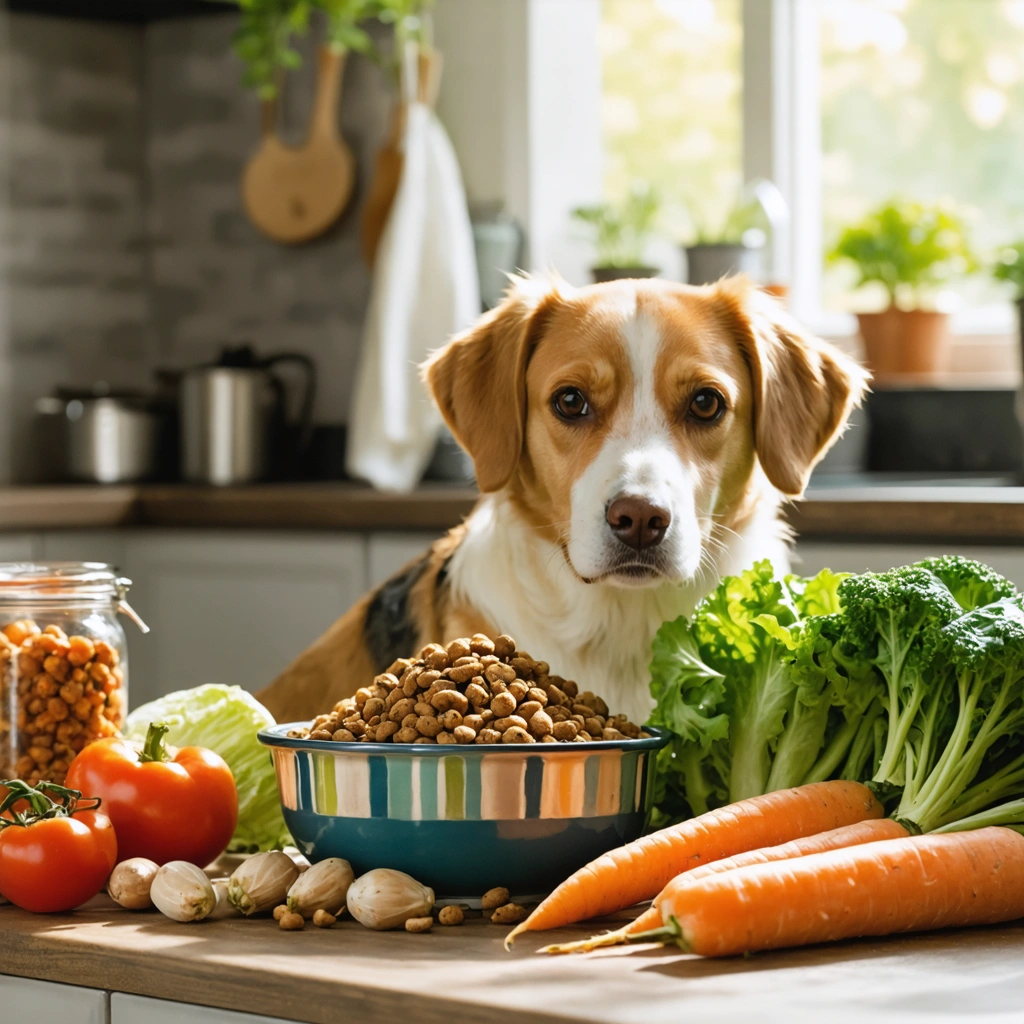 Un chien assis devant une gamelle de nourriture saine avec des légumes autour dans une cuisine ensoleillée.