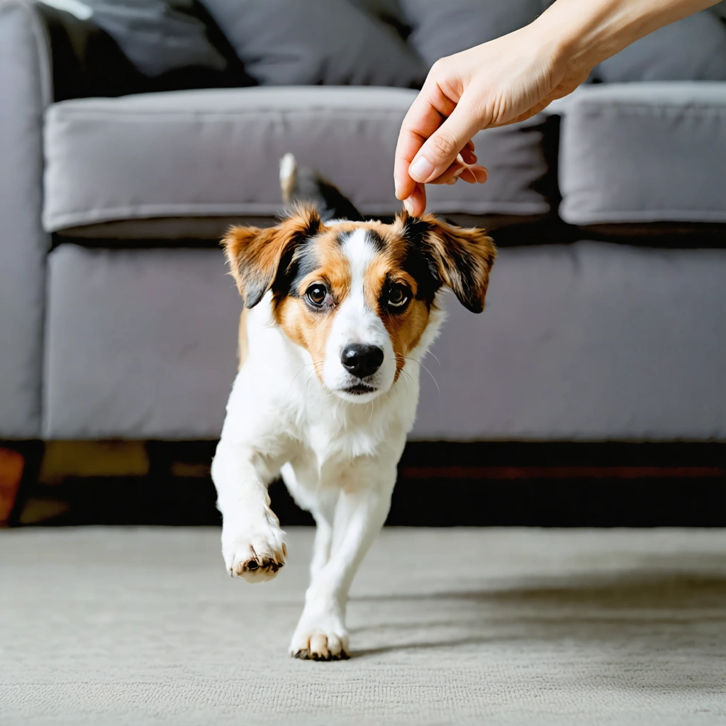 Un chien reculant légèrement alors qu'une main humaine s'approche, dans un cadre chaleureux avec un canapé en arrière-plan, reflétant une attitude prudente mais non effrayée.