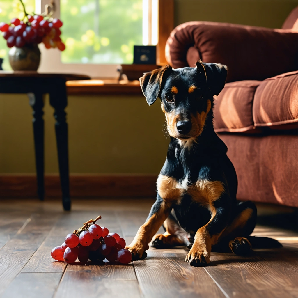 Un chien assis près d'un raisin, semblant innocent, dans un intérieur chaleureux