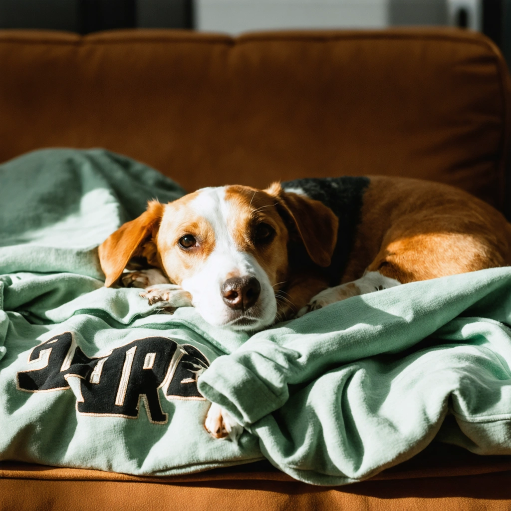 Un chien couché sur un vieux sweat dans un salon chaleureux, montrant un sentiment de tranquillité et de confort.