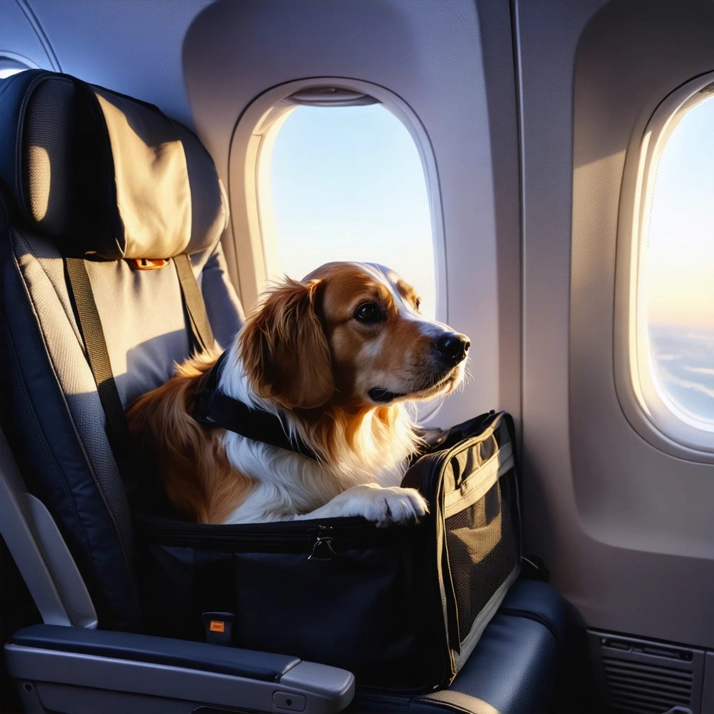 Un chien dans une caisse de transport confortable à l'intérieur d'une cabine d'avion, prêt pour son voyage vers la métropole.
