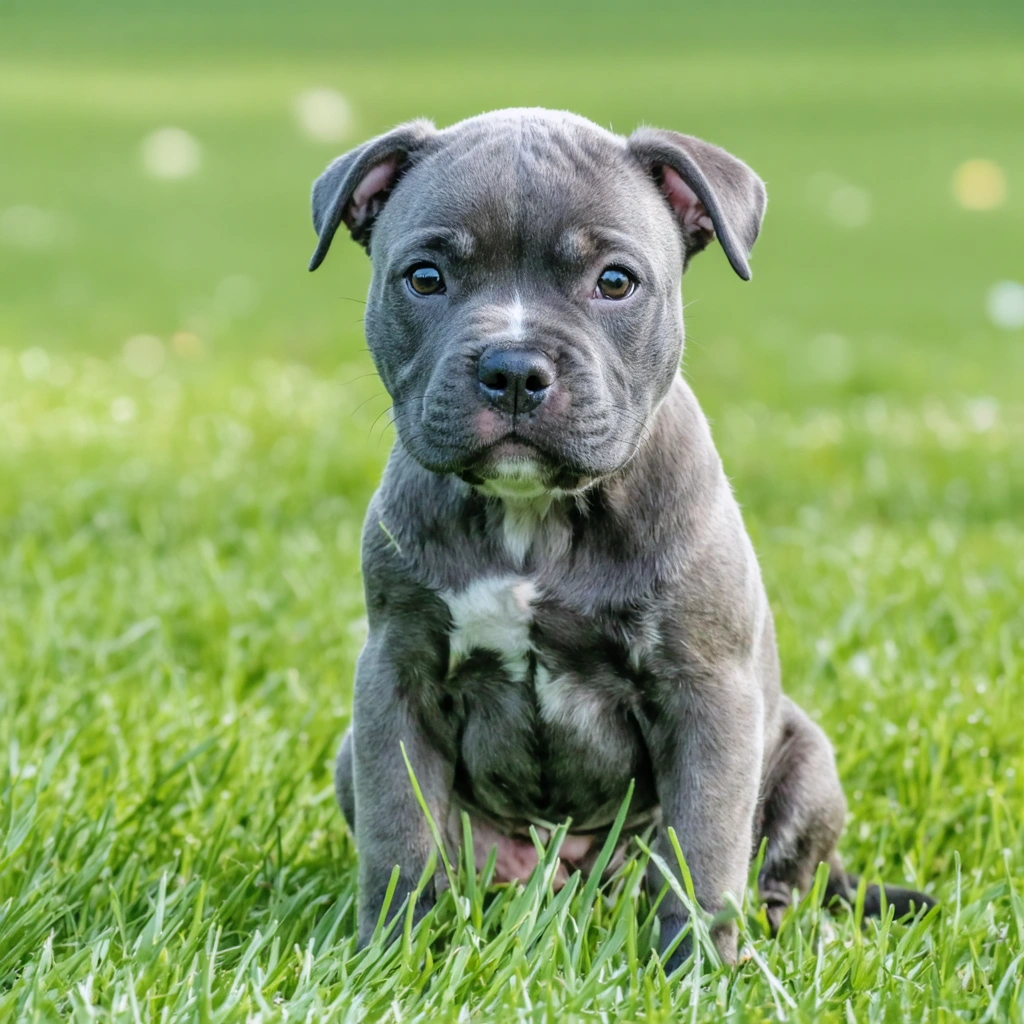Un jeune chiot croisé American Bully et Staffordshire Terrier, assis sur de l'herbe, au regard joueur et amical, dans un cadre naturel.