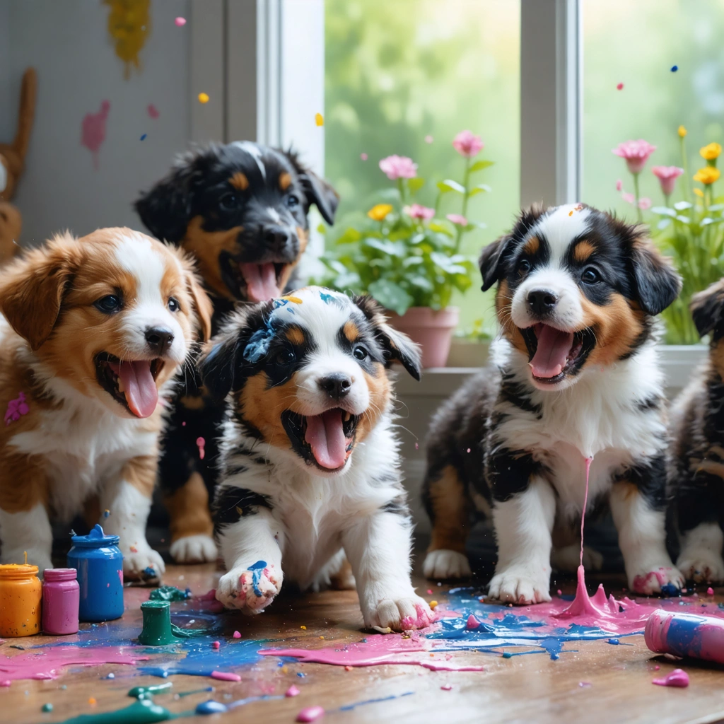 Une scène amusante montrant plusieurs chiots dans un salon, l'un jouant avec de la peinture renversée tandis qu'un autre regarde curieusement par la fenêtre.