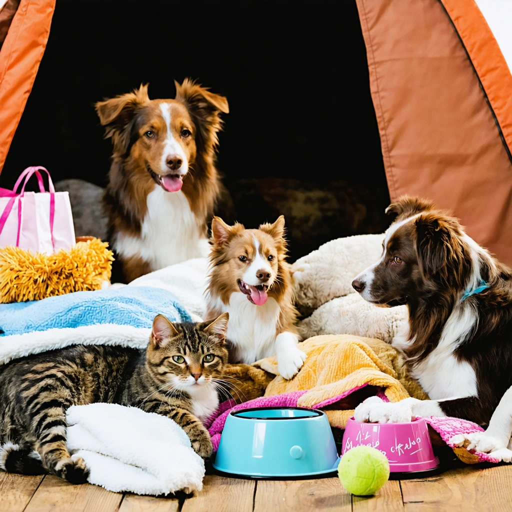 Des chiens et chats dans un refuge chaleureux, utilisant des objets essentiels comme des couvertures, des gamelles et des jouets donnés par des particuliers.