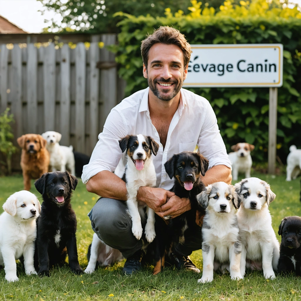 Un homme entouré de chiots heureux dans une cour spacieuse et bien entretenue, représentant le monde d’un élevage canin.