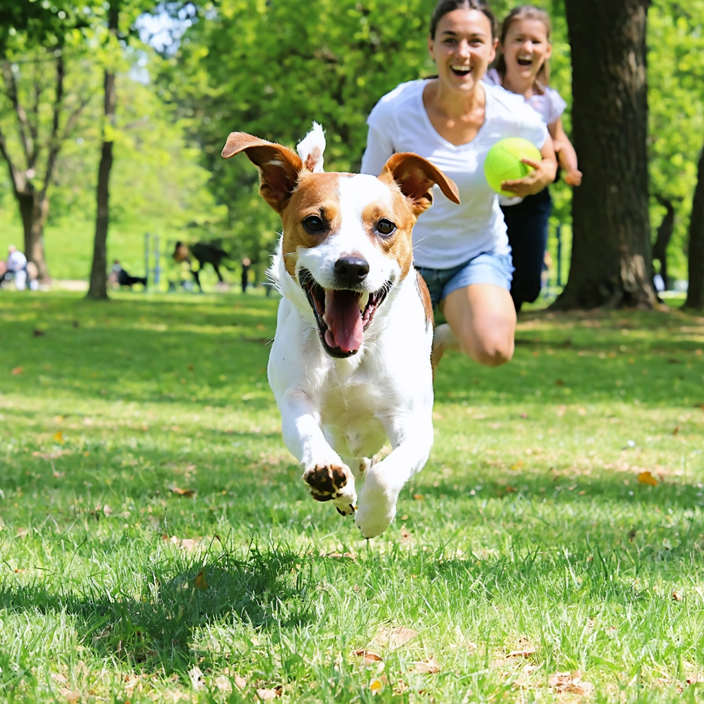 Un chien croisé Jack Russell et staffordshire jouant dans un parc verdoyant avec une famille en arrière-plan.