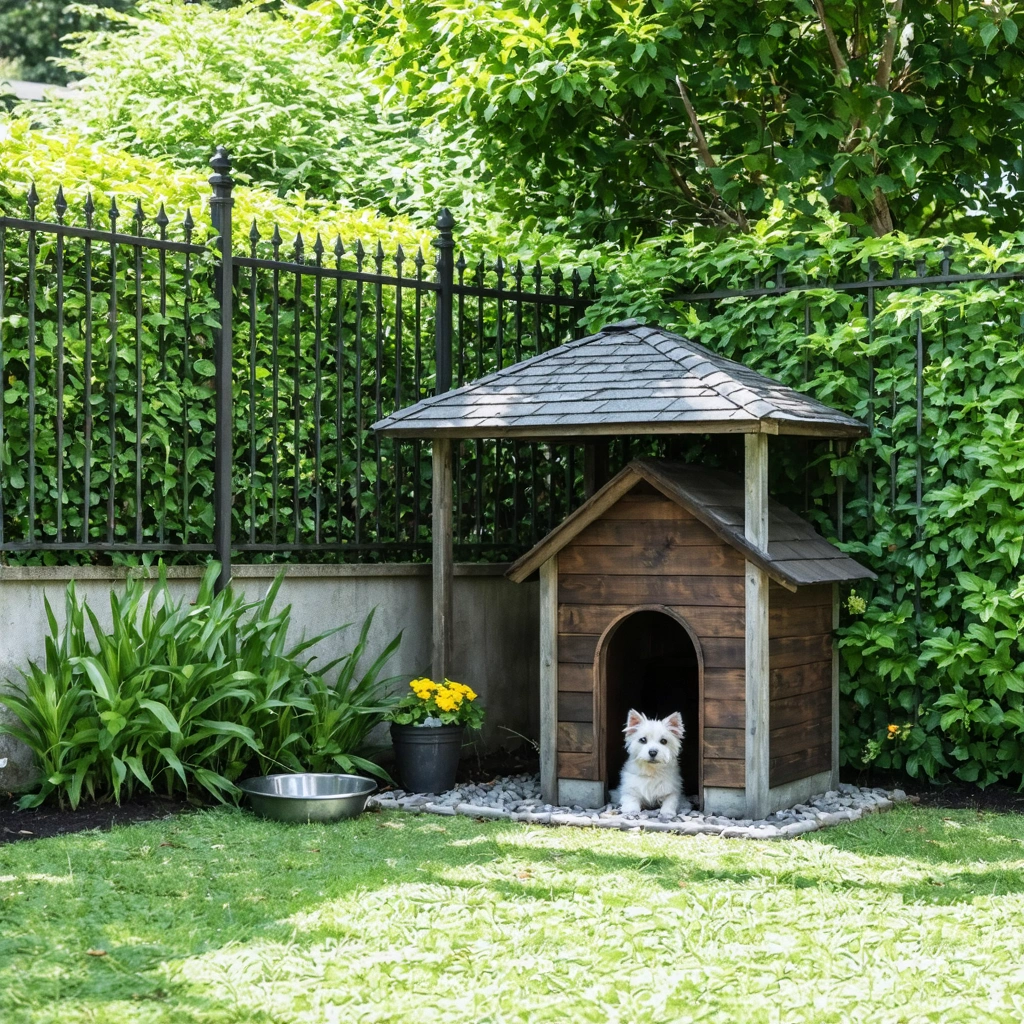 Un jardin sécurisé avec une petite cabane pour chien, un bol d'eau fraîche et un coin ombragé, entouré de verdure.