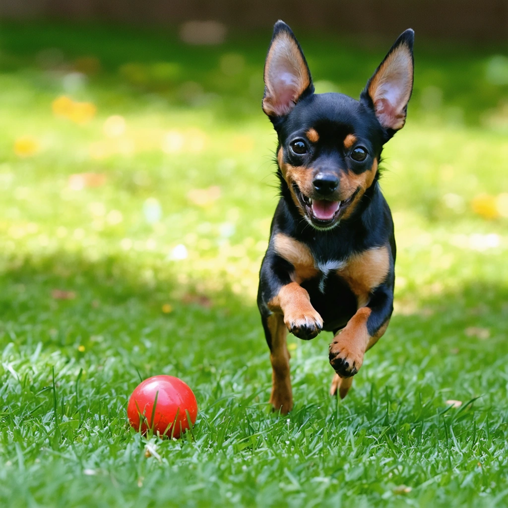 Un Pinscher Chiwawa jouant dans un jardin avec une balle rouge.