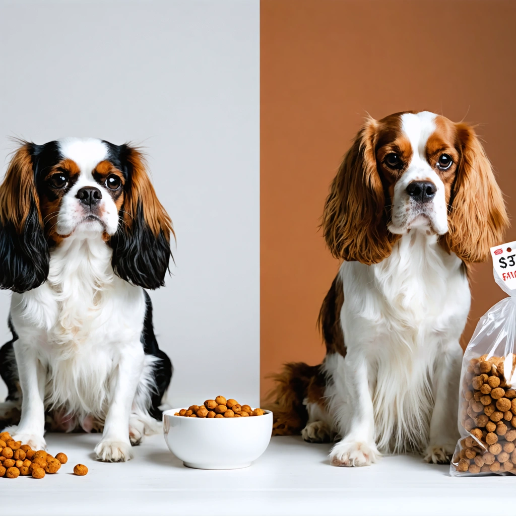 Illustration montrant un King Charles Cavalier et un Cocker Spaniel, avec des éléments représentant leurs différences de coût à l'achat et à l'entretien.