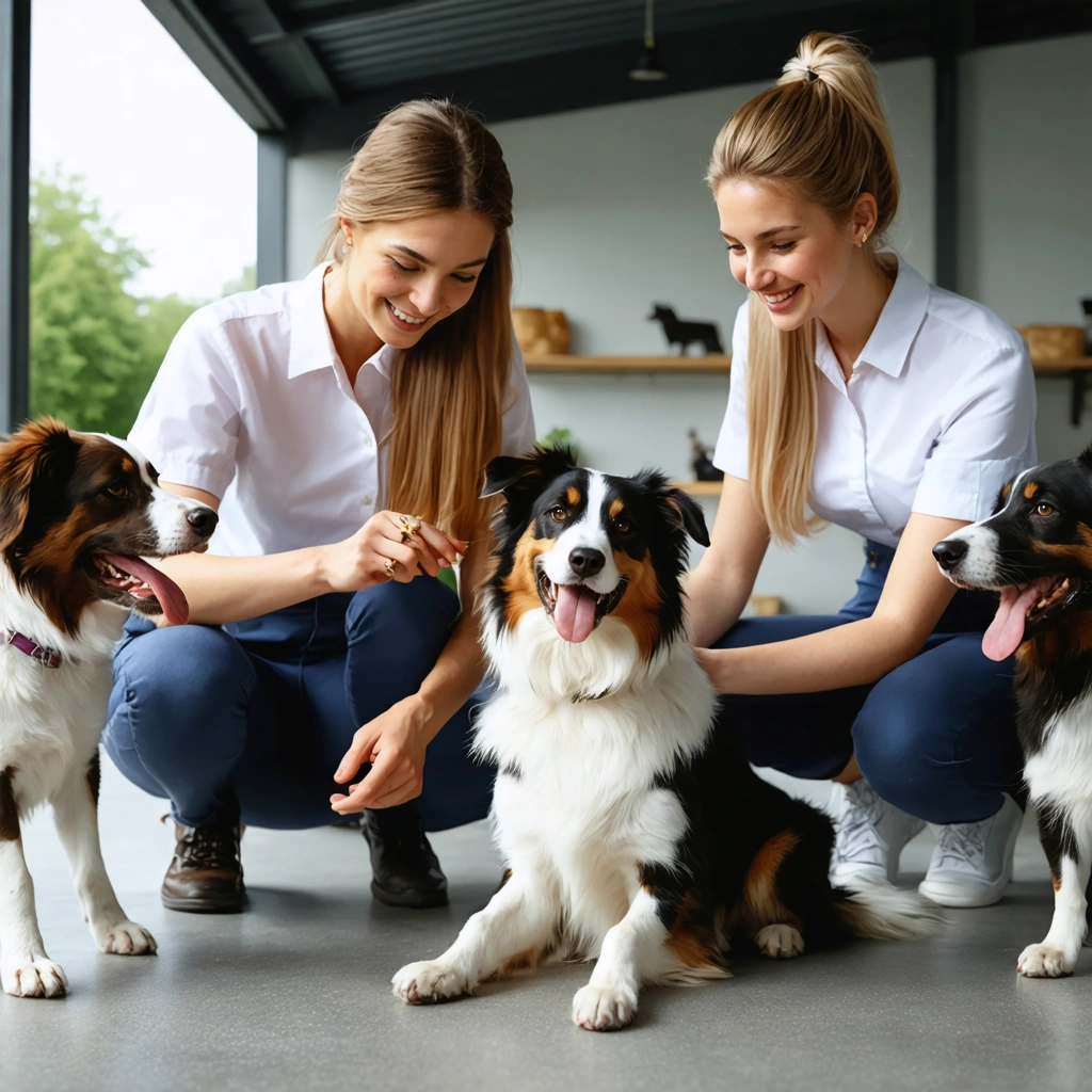 Personnel accueillant interagissant avec des chiens heureux dans un refuge propre et spacieux à la SPA de Brignais.