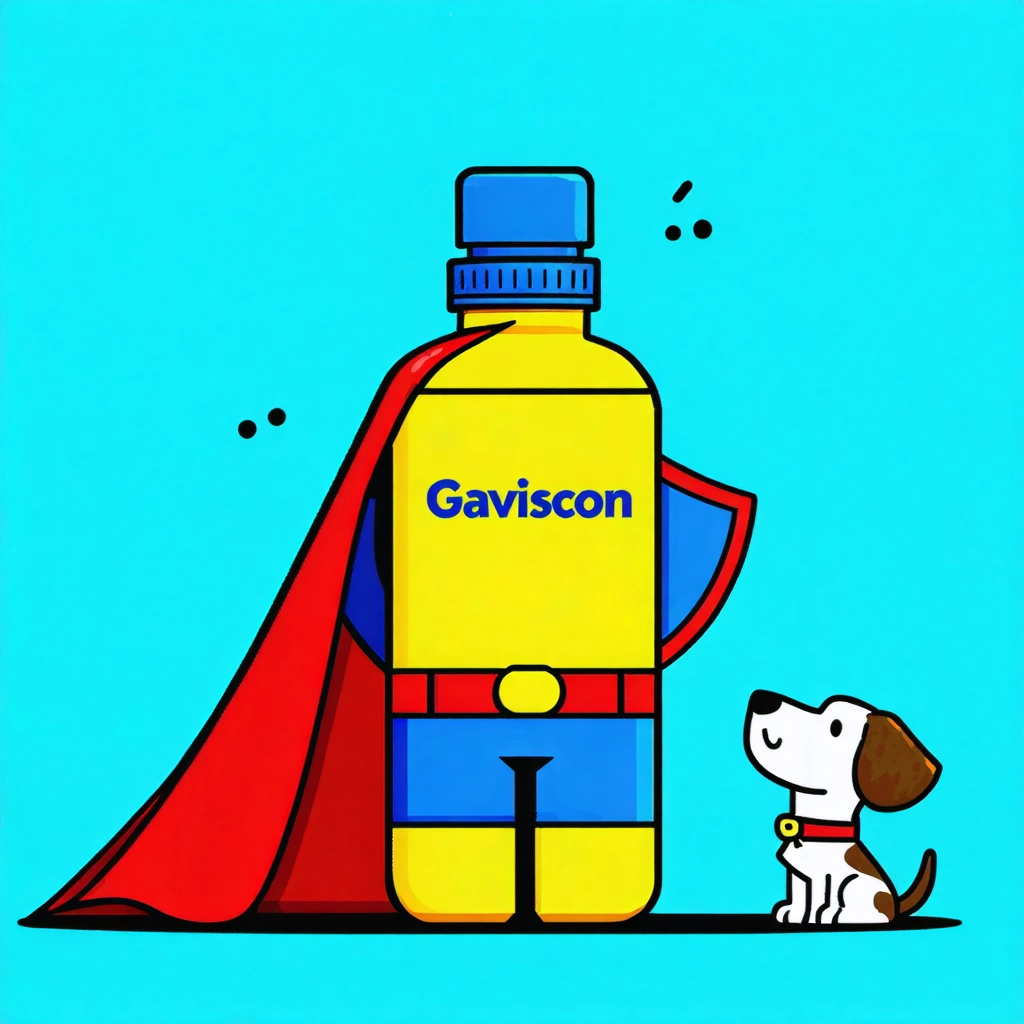 Une illustration style cartoon représentant une bouteille anthropomorphe de Gaviscon en super-héros avec un bouclier, aux côtés d'un chien curieux regardant vers elle.