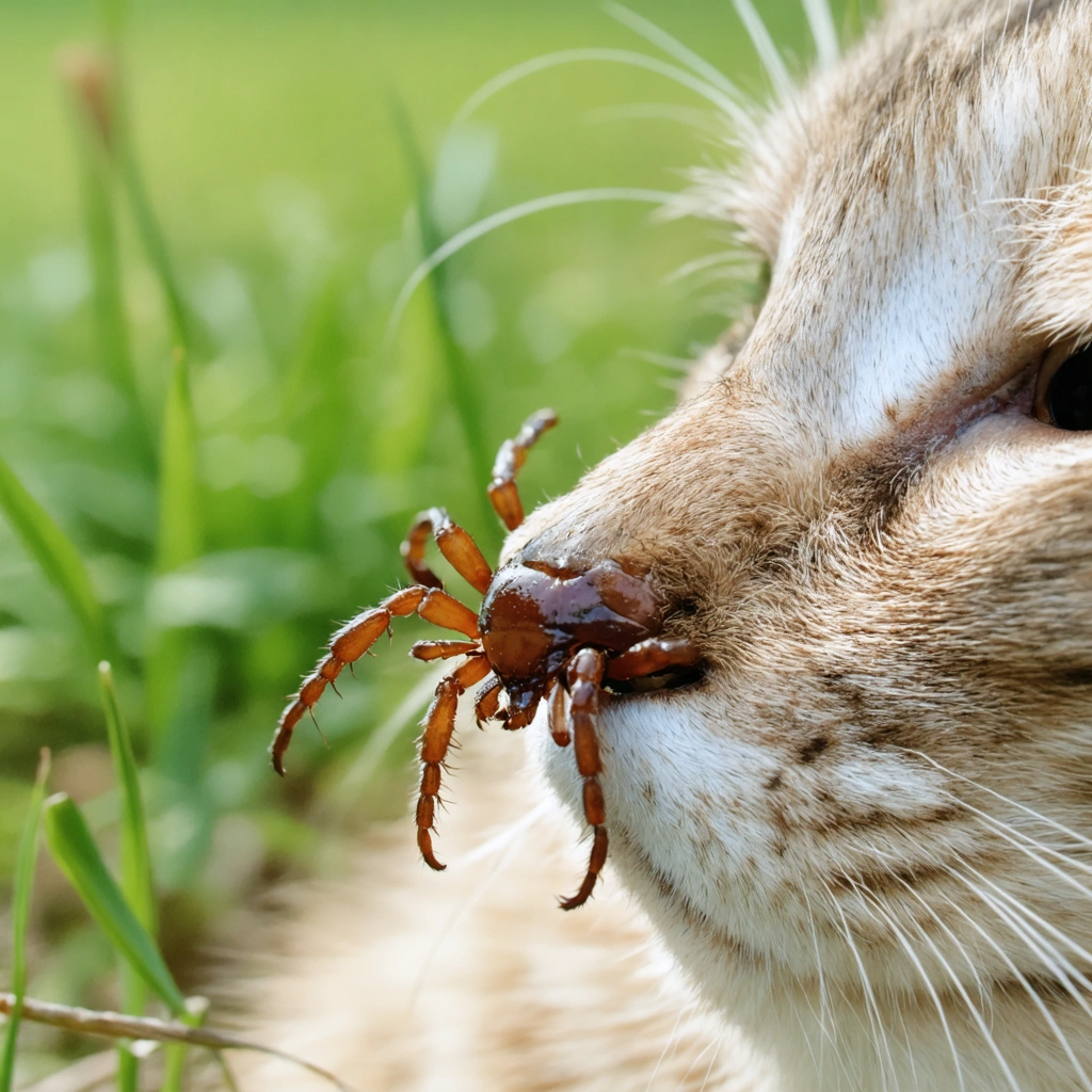 Une tique accrochée à la fourrure d'un chat dans un environnement extérieur naturel, avec de l'herbe et un fond flou de jardin.