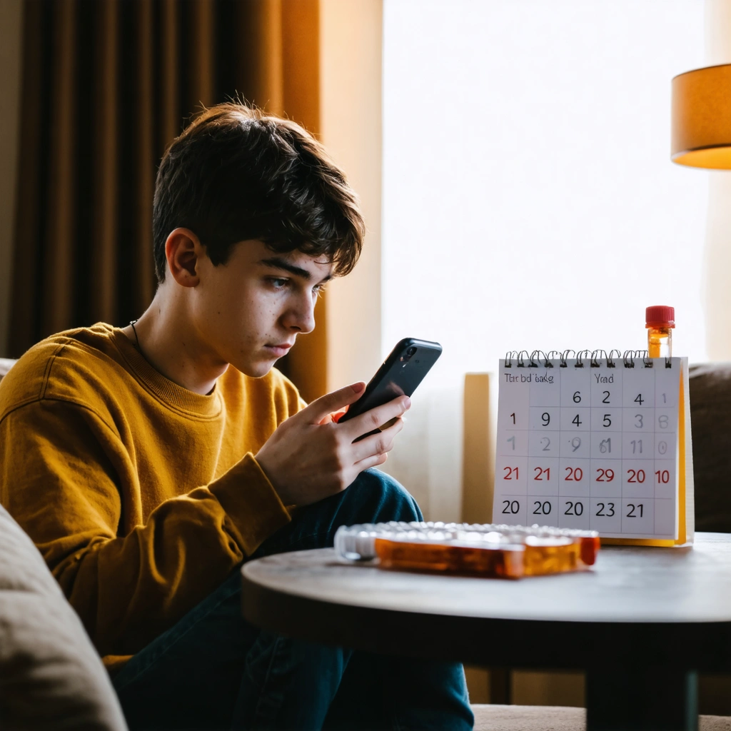 Personne stressée regardant son téléphone dans un salon, avec un tube de prise de sang sur la table et un calendrier à côté, illustrant l'attente des résultats d'une analyse.