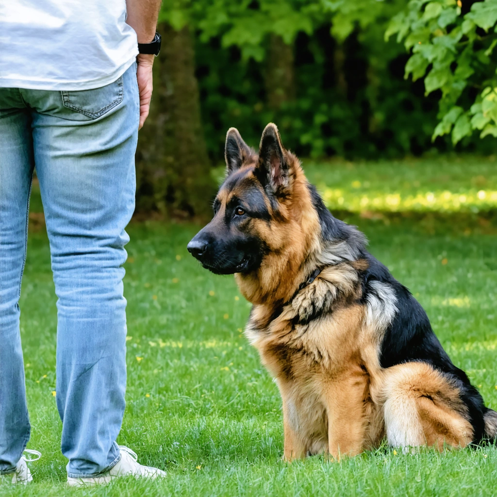 Un berger allemand attentif interagit avec son maître dans un jardin, exprimant curiosité et intelligence, tandis que le propriétaire observe et communique sereinement avec son chien.