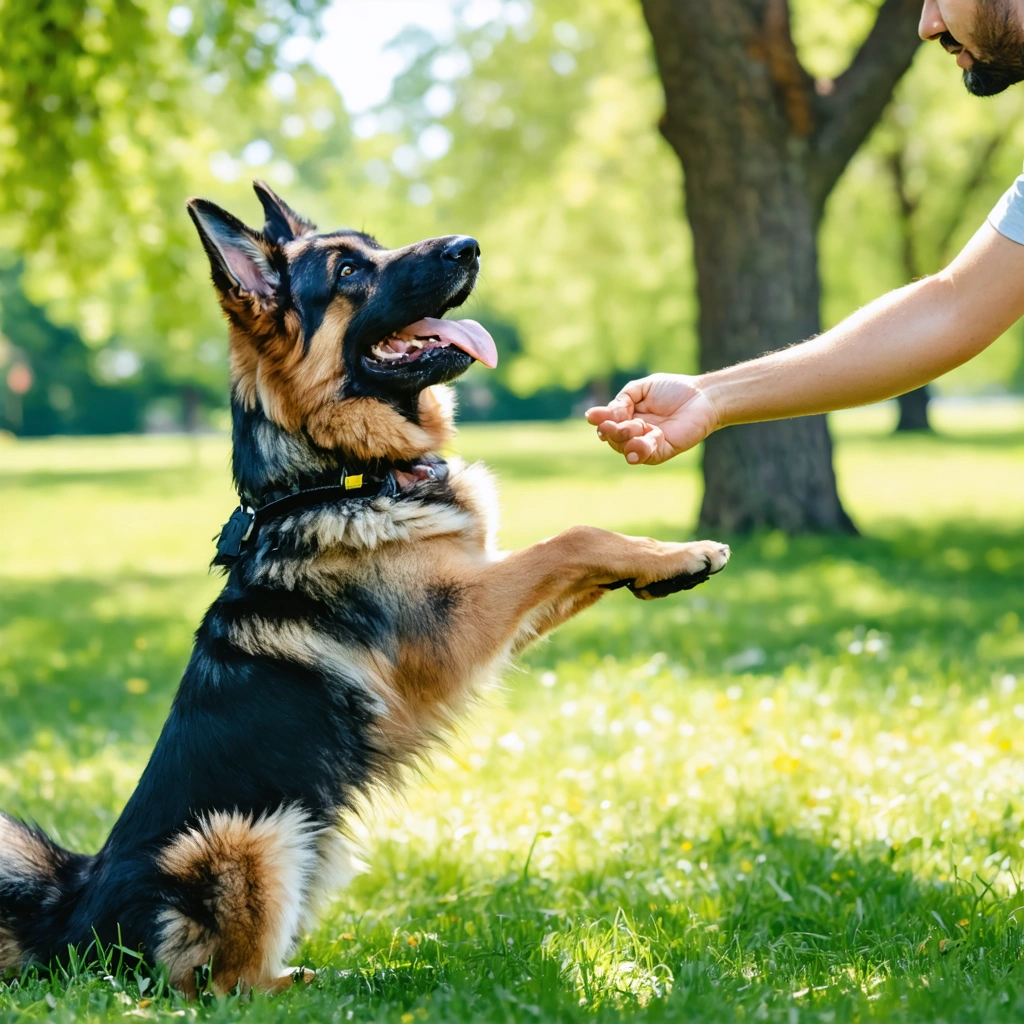 Berger allemand jouant avec son propriétaire dans un parc ensoleillé, montrant intelligence et complicité.