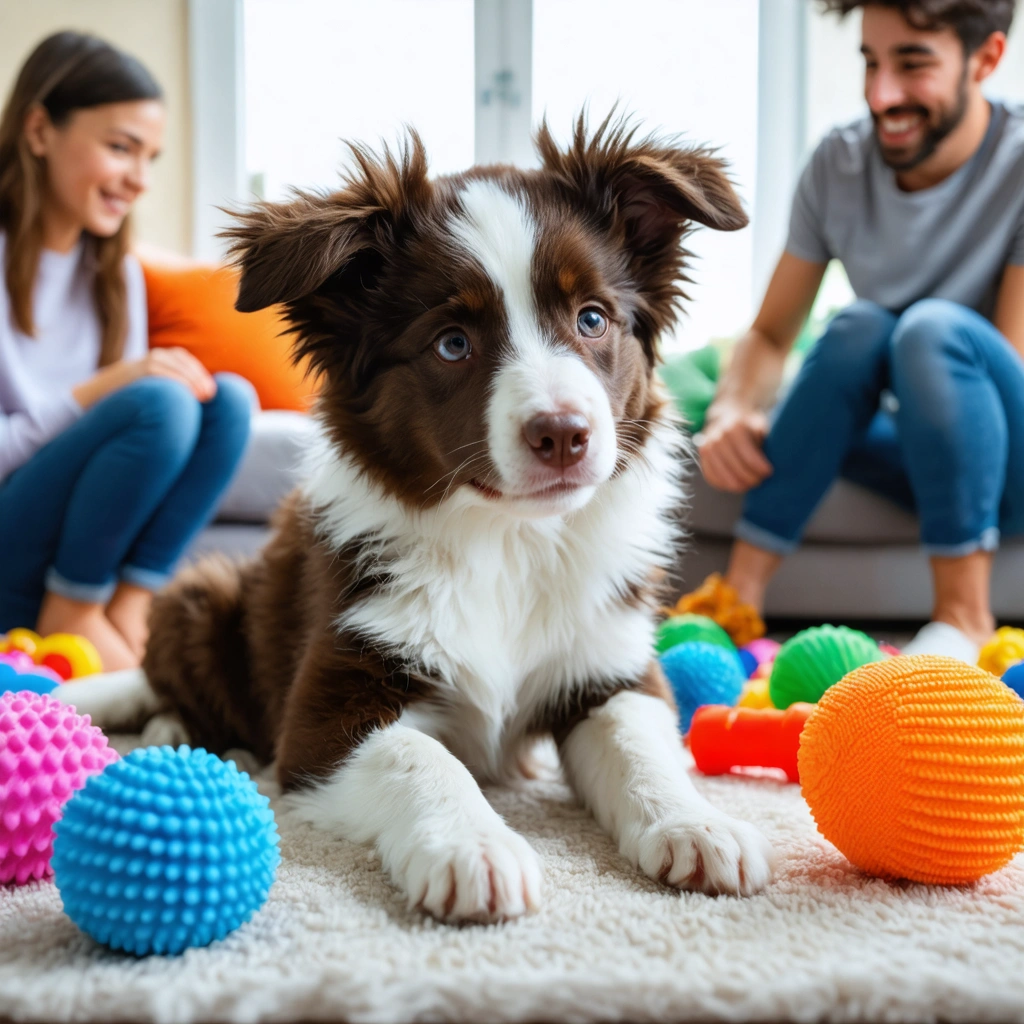 Un Border Aussie joueur avec une famille dans un salon, regard expressif et pelage doux, entouré de jouets colorés.
