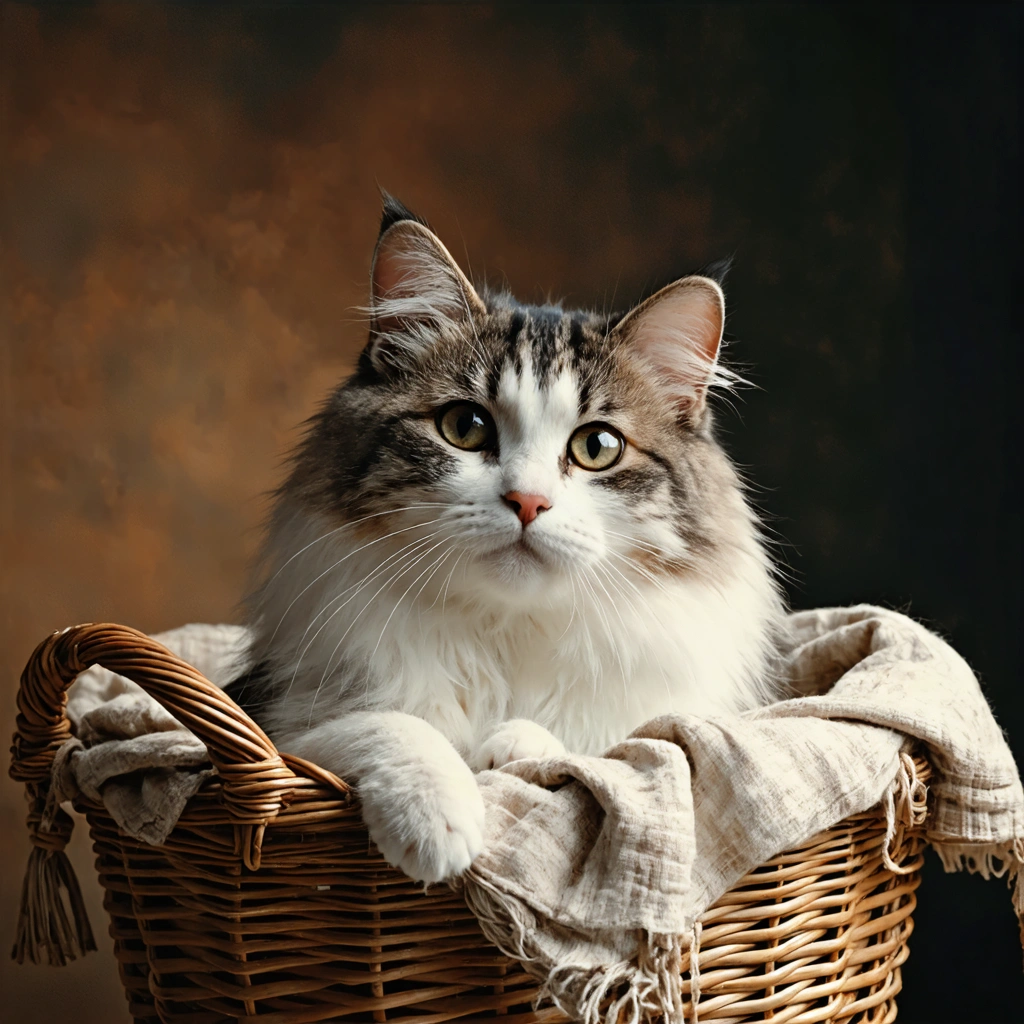 Un chat âgé assis dans un panier, avec une légère perte de poils au-dessus des yeux et un pelage aminci, regardant calmement dans une ambiance chaleureuse.
