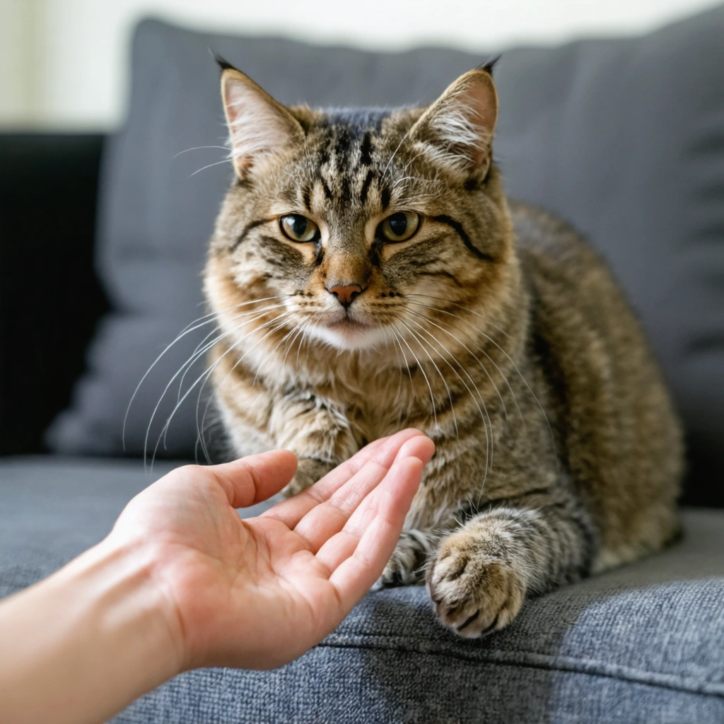 Un chat détendu assis sur un canapé pose doucement sa patte sans griffe sur la main d'une personne, exprimant une communication douce et paisible.